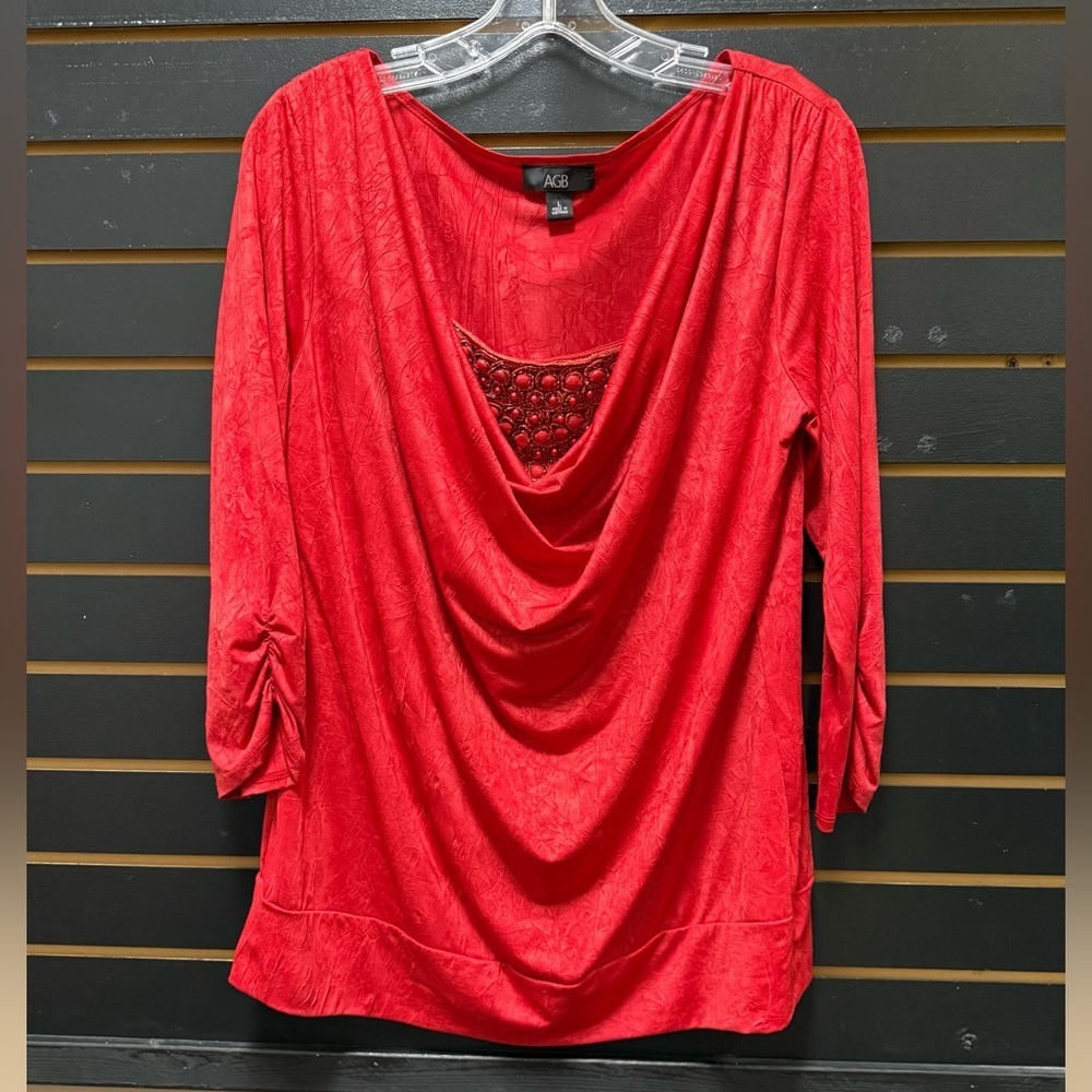 AGB Red Drape Neck Embellished Top Ruched Sleeve Size L - Picture 1 of 4
